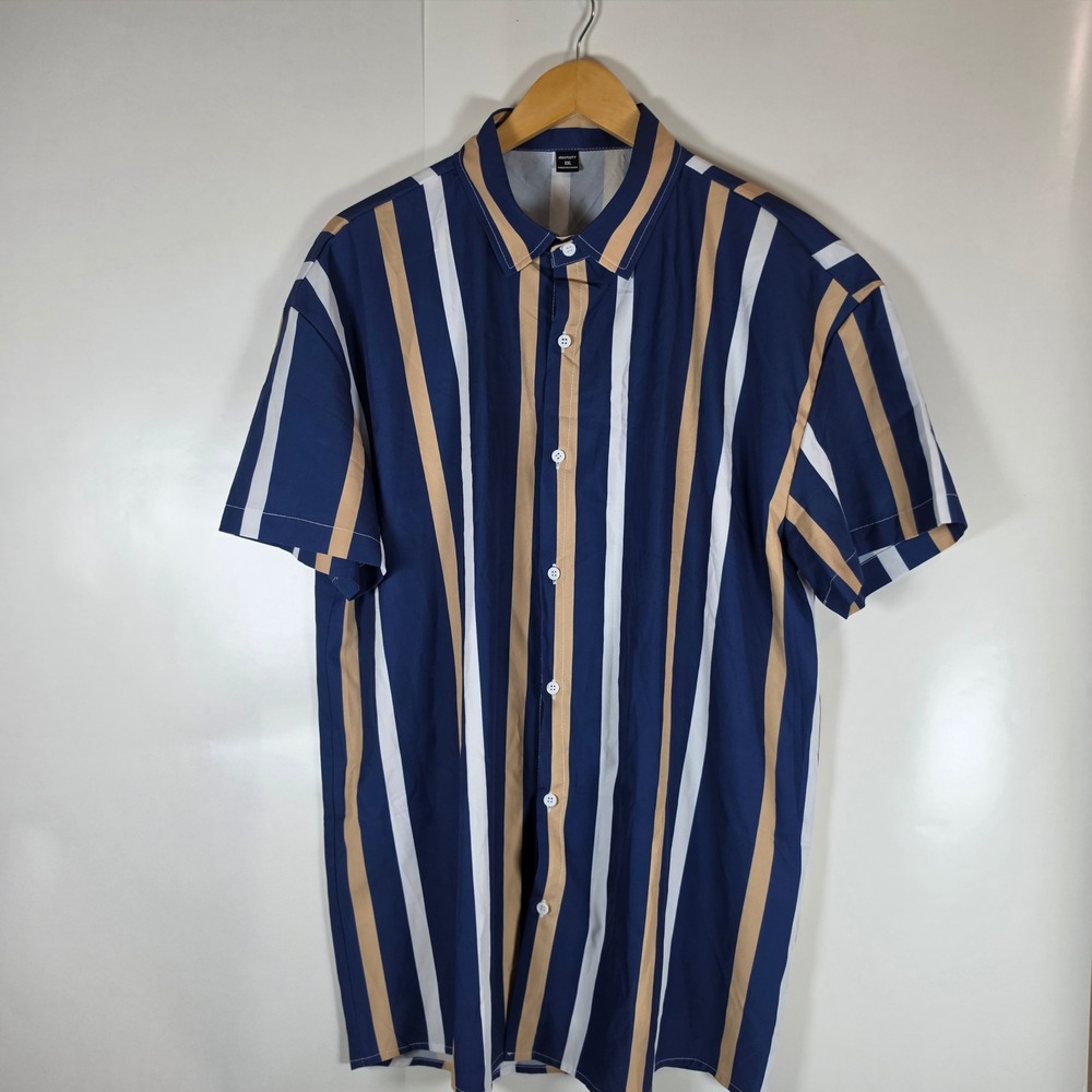 Manfinity Mens XXL Blue Tan White Vertical Stripe Short Sleeve Button Down Shirt